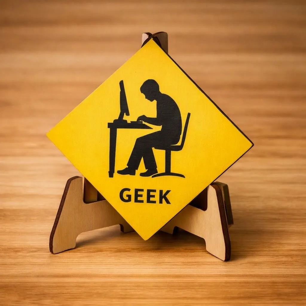Panneau en acrylique jaune façon signalisation routière, gravé d'une silhouette devant un ordinateur et du mot GEEK