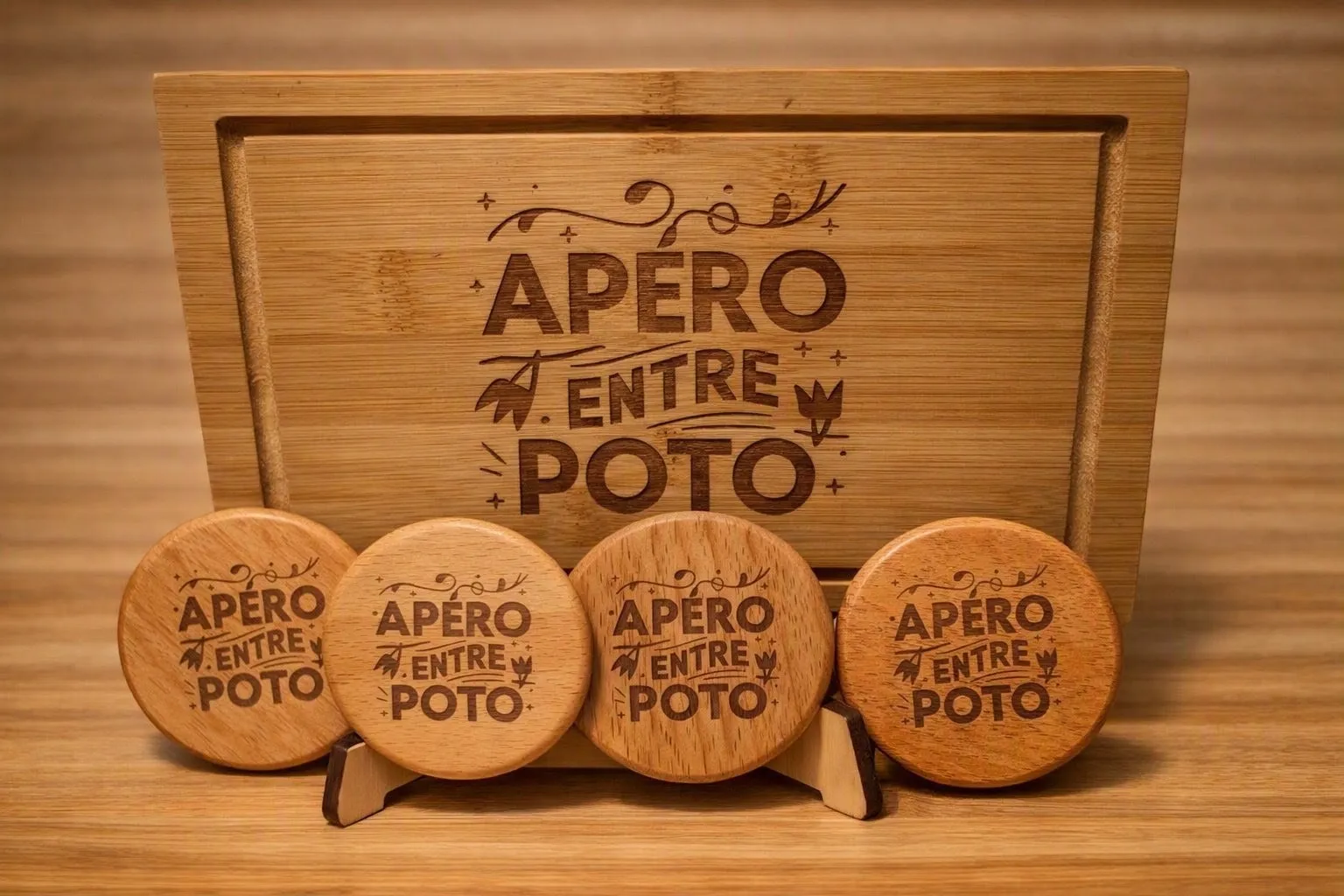Planche en bambou et quatre dessous-de-verre en bois, gravés « Apéro entre poto » au laser